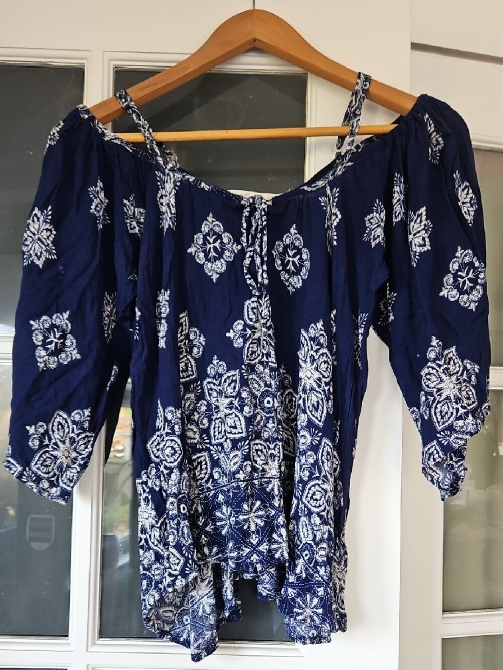 Women’s Navy Blue Off-Shoulder Peasant Top with White Print